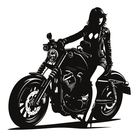 Discover a captivating black and white vector illustration featuring a bold woman on a motorcycle, embodying style and freedom in an edgy pose.のイラスト素材