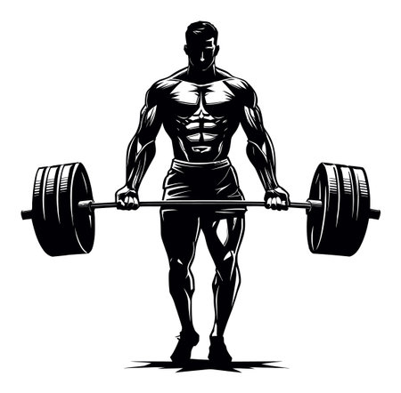 Dynamic vector art depicting a strong man lifting a heavy barbell, showcasing muscular strength and determination in a fitness setting. Perfect for sports-related themes.のイラスト素材