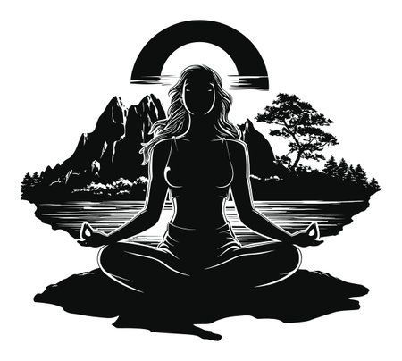 An elegant silhouette of a woman meditating against a scenic backdrop of mountains and water, crafted in a vector design. Perfect for wellness themes.のイラスト素材