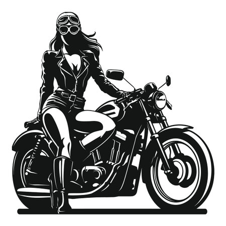 This striking vector illustration features a confident woman in a leather suit, posing elegantly on a classic motorcycle. Perfect for themes of empowerment and adventure.のイラスト素材