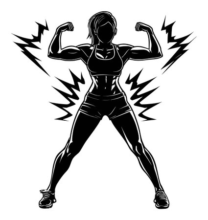 This vector illustration showcases a strong woman silhouette flexing muscles with dynamic energy lines, symbolizing power, confidence, and resilience in fitness.のイラスト素材