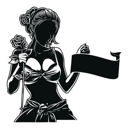 This elegant vector silhouette depicts a woman holding a rose and a blank banner, perfect for various creative projects, showcasing beauty and style.のイラスト素材