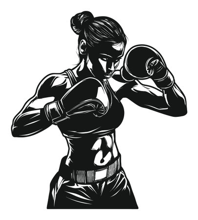 Dynamic illustration of a female boxer showcasing strength and focus. This graphic emphasizes athleticism and empowerment in a powerful boxing stance.のイラスト素材