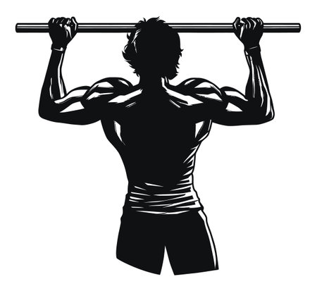 A dynamic vector illustration showing a muscular man performing pull-ups. This fitness graphic...