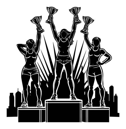 A striking silhouette of three female athletes joyfully holding trophies aloft, celebrating their achievements on a podium against a city skyline backdrop.のイラスト素材