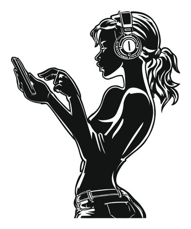 Vector illustration of a stylish young woman listening to music on her smartphone, showcasing modern lifestyle and artistic design in black and white.のイラスト素材