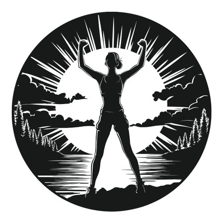 This captivating vector artwork features a silhouette of a woman celebrating at sunrise, radiating positivity and strength against a beautiful natural backdrop.のイラスト素材
