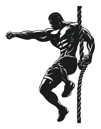 Bold black and white vector illustration of a muscular man climbing a rope, showcasing strength and determination. Perfect for fitness-themed designs.のイラスト素材