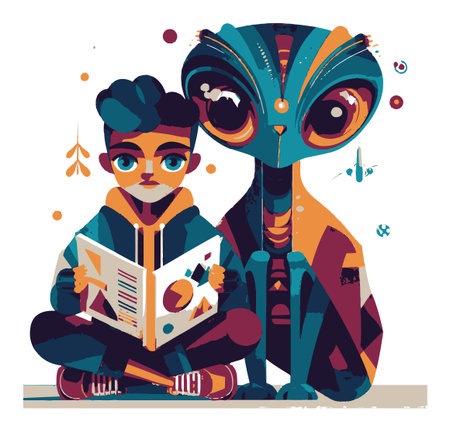 This vibrant flat vector illustration showcases a boy reading a book alongside a friendly alien. The imaginative design features bright colors and playful details, perfect for creative projects.のイラスト素材