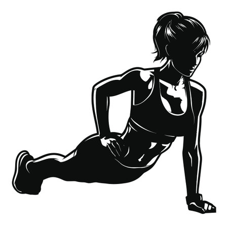 Dynamic vector illustration of a woman in silhouette performing a push-up, highlighting fitness and strength. Perfect for health and exercise themes.のイラスト素材