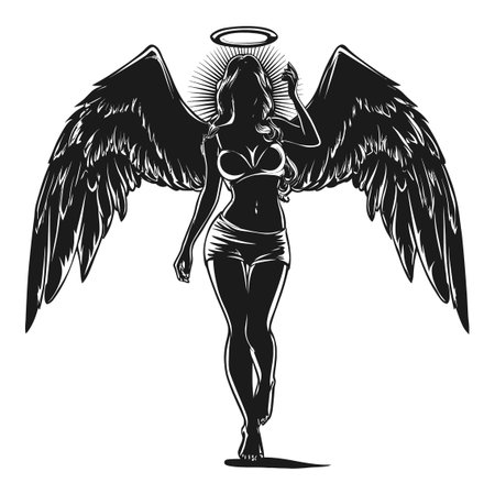 This elegant vector illustration features a graceful angel with majestic wings and a halo, embodying beauty and serenity. Perfect for various creative projects.のイラスト素材