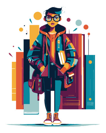 This vibrant vector illustration depicts a stylish student standing confidently with books and a backpack, set against a colorful background, perfect for educational themes.のイラスト素材