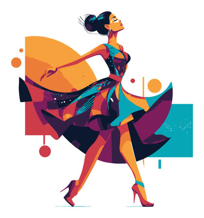 An artistic flat vector illustration of a young woman in a stylish dress, walking gracefully. The piece showcases vibrant colors and modern design elements, embodying elegance and confidence.のイラスト素材