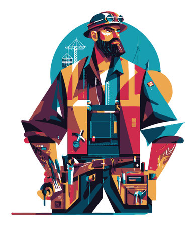 Vibrant vector illustration of a construction worker showcasing tools and gear. The graphic highlights a strong masculine figure amidst an industrial backdrop, symbolizing craftsmanship and hard work.のイラスト素材