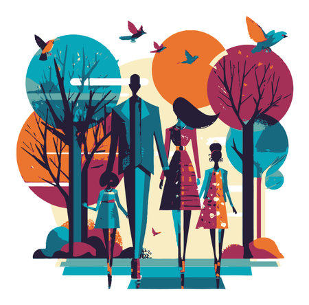 Vibrant and playful flat vector illustration of a family walking through nature, surrounded by colorful trees and birds, showcasing joy and togetherness.のイラスト素材