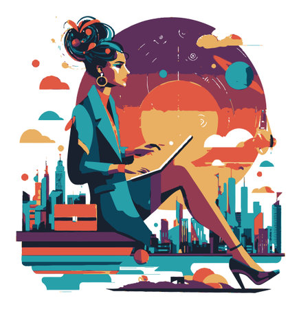 A vibrant illustration of a stylish woman working on her laptop against a dynamic urban skyline. This creative and modern design showcases a blend of colors and trends.のイラスト素材