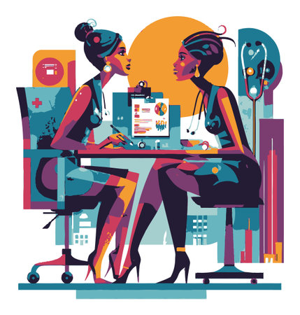 This vibrant vector illustration depicts two professional women engaged in a productive conversation at a modern office setting, conveying creativity and teamwork.のイラスト素材
