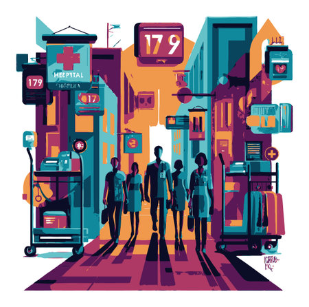 This vibrant flat vector illustration captures healthcare professionals walking through an urban landscape, symbolizing community support and modern medical services.のイラスト素材