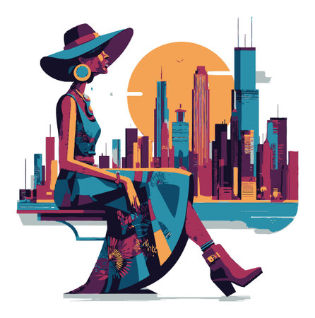 A stylish woman in a vibrant dress and hat sits against a modern city skyline. The illustration captures a lively urban lifestyle with artistic flair and color.のイラスト素材