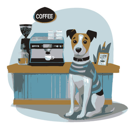 Charming illustration of a dog sitting by a coffee shop counter, showcasing a warm atmosphere with a coffee machine, plant, and vibrant decor. Perfect for pet lovers!のイラスト素材
