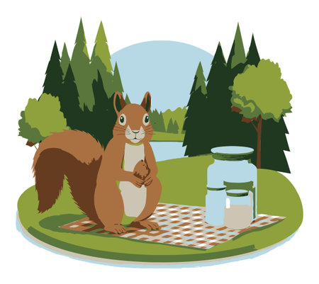 Charming illustration of a cute squirrel sitting on a picnic blanket beside jars in a scenic forest environment, showcasing a playful and vibrant nature scene.のイラスト素材