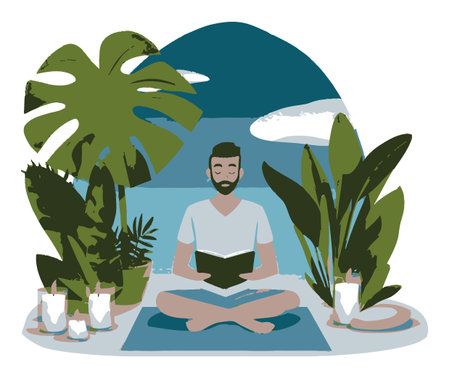 A tranquil vector illustration of a man reading a book surrounded by lush plants and serene nature, perfect for themes of relaxation, meditation, and peaceful living.のイラスト素材