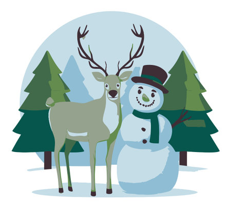 A delightful winter illustration featuring a friendly reindeer and a cheerful snowman, set against a backdrop of pine trees and soft snow. Perfect for seasonal designs!のイラスト素材