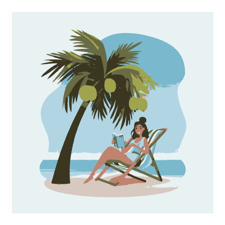 A vibrant flat vector illustration showcasing a young woman relaxing under a palm tree while reading a book on the beach.のイラスト素材