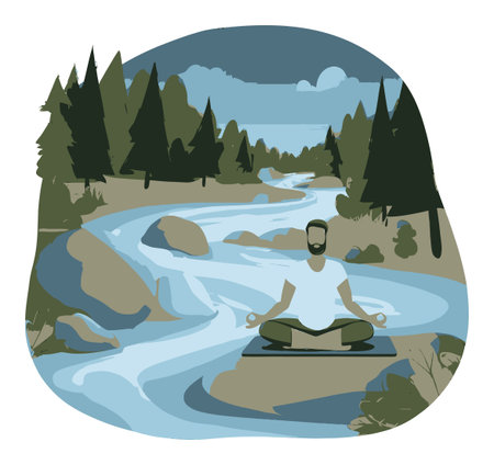 A serene illustration of a man meditating by a tranquil river surrounded by lush trees, evoking peace and wellness in a natural environment.のイラスト素材