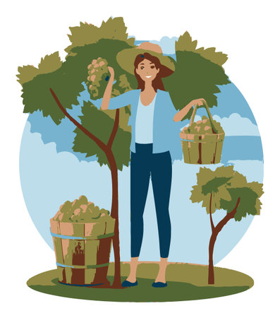This flat vector illustration depicts a cheerful woman harvesting grapes from a tree, holding baskets. A colorful scene captures the essence of agriculture and nature.のイラスト素材