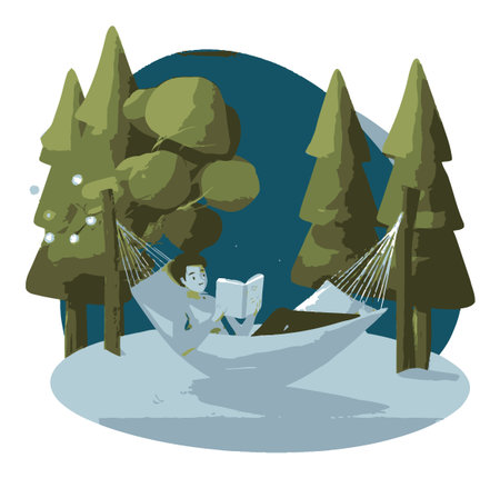 This illustration depicts a serene scene of a person reading in a hammock nestled among lush trees. Perfect for promoting relaxation and outdoor leisure.のイラスト素材