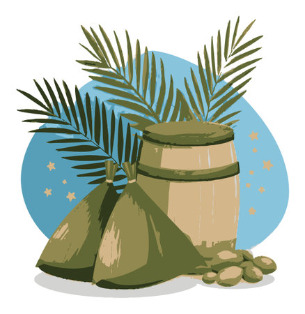 Vibrant tropical still life featuring a rustic barrel, green bags, and palm leaves on a soothing blue background, perfect for nature and summer themes.のイラスト素材