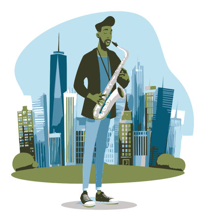 This flat vector illustration features a saxophonist playing music against a modern city skyline, capturing the vibrant essence of urban life and creativity.のイラスト素材