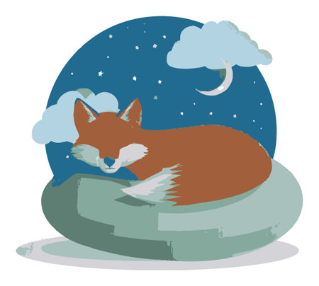 A charming illustration of a sleeping fox nestled in a cozy nest under a starry night sky, surrounded by fluffy clouds and a gentle moon. Perfect for nature lovers.のイラスト素材