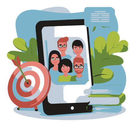 This flat vector illustration showcases a group of diverse individuals engaging in a discussion via a smartphone, symbolizing teamwork and collaboration.のイラスト素材