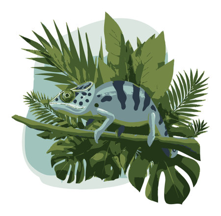 Vector art of a chameleon perched on a branch among lush foliage. The design showcases vibrant colors and intricate details, perfect for nature lovers.のイラスト素材