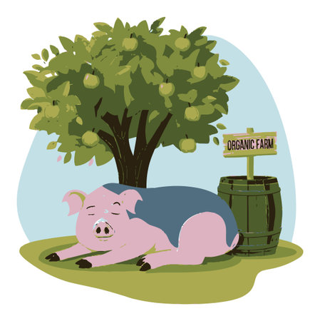 This charming illustration features a sleepy pig resting peacefully under an apple tree on an organic farm. Perfect for themes of nature and agriculture.のイラスト素材
