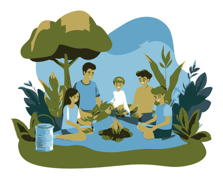 A vibrant illustration depicting a group of friends gathered around a campfire surrounded by lush greenery, emphasizing connection and outdoor fun.のイラスト素材