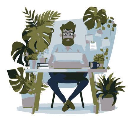 A modern flat vector illustration featuring a man typing in a creative workspace filled with various indoor plants. Ideal for discussions on work-life balance and home office design.のイラスト素材