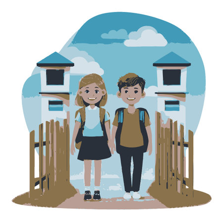A colorful vector illustration of cheerful children walking through a gate, radiating joy and friendship. Perfect for themes of youth, adventure, and outdoor activities.のイラスト素材