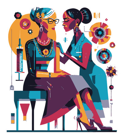 This colorful flat vector illustration features two stylish women in a close conversation, showcasing modern fashion and elegance through vibrant design and artistic expression.のイラスト素材