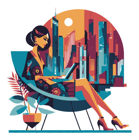 Discover a vibrant vector illustration of a stylish woman working on a laptop in a modern cityscape setting. Perfect for themes like creativity and business.のイラスト素材