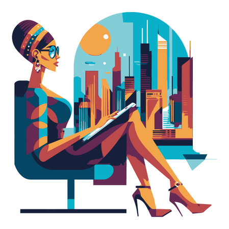A vibrant flat vector illustration of a stylish woman sitting in a modern environment, enjoying an urban city view. Perfect for lifestyle and fashion themes.のイラスト素材