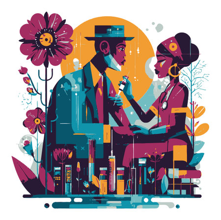Vibrant vector illustration showing a stylish couple interacting in a colorful floral setting. The piece captures love and emotion with modern artistic flair.のイラスト素材