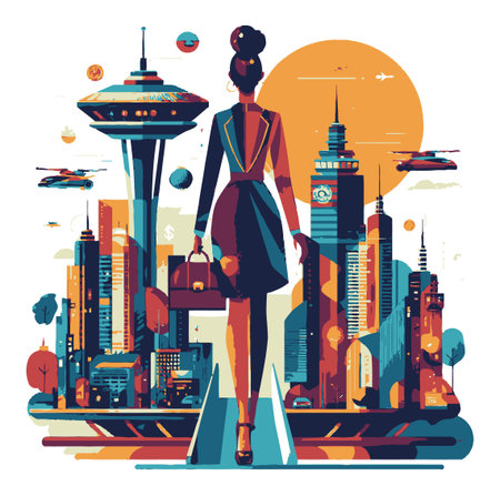 A vibrant illustration portraying a confident businesswoman in a stylish outfit walking towards a modern skyline filled with skyscrapers and flying vehicles.のイラスト素材