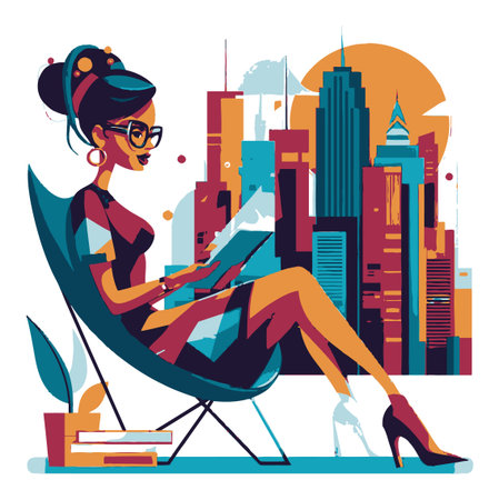 A stylish woman sits in a modern chair, reading a book against a vibrant city skyline. The artwork features bold colors and abstract elements, capturing a relaxed urban lifestyle.のイラスト素材