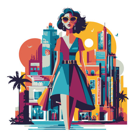 A vibrant vector illustration featuring a stylish woman in a colorful urban setting, showcasing contemporary fashion and retro vibes. Ideal for fashion and lifestyle themes.のイラスト素材