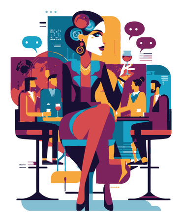 Discover a captivating vector illustration of a stylish woman enjoying a cocktail in a vibrant bar setting, embodying modern elegance and nightlife energy.のイラスト素材