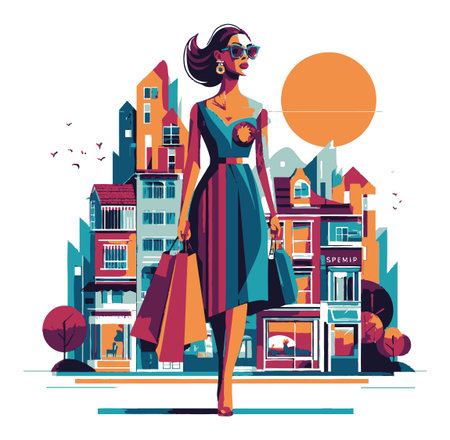 A vibrant illustration of a fashionable woman joyfully shopping in an urban landscape. Featuring modern architecture, colorful buildings, and a bright sun, this graphic captures a lively lifestyle.のイラスト素材