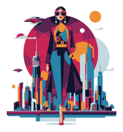 A vibrant illustration of a stylish woman standing confidently in a futuristic cityscape, showcasing bold fashion elements and a colorful palette.のイラスト素材